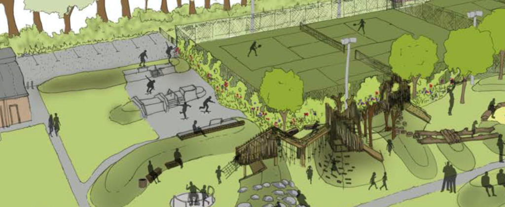 Artists impression aerial view of the playscape and wheelscape with the tennis courts in the background