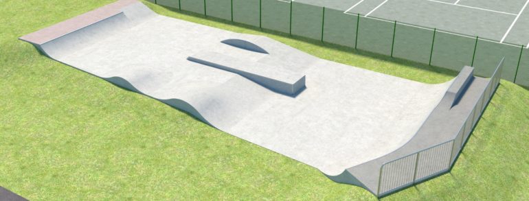 CGI image of a mini skate park with ramped ends and obstacles in the centre